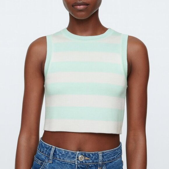 Zara Striped Ribbed Knit Crop Top Mint Pink Sleeveless Summer Small - Picture 2 of 3